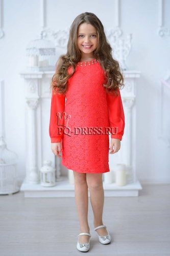 Платье нарядное для девочки арт. ИР-1408-Гипюр, цвет арбуз