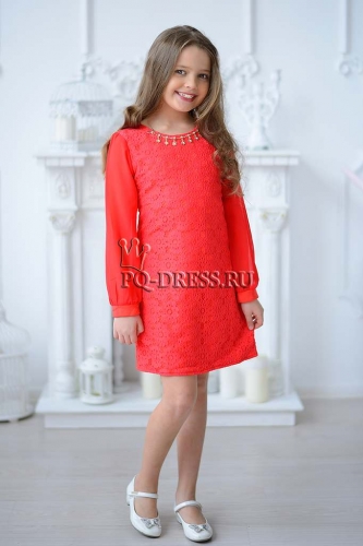 Платье нарядное для девочки арт. ИР-1408-Гипюр, цвет арбуз
