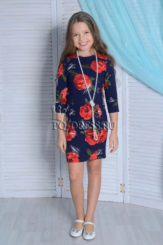 Платье нарядное для девочки "Бусы", цвет темно-синий/красные цветы