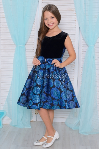 Платье нарядное для девочки арт.ГБ-3-17 парча, синие цветы/бант
