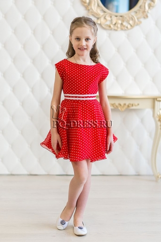 Комплект платье + жакет, цвет красный в белый горох/изумруд