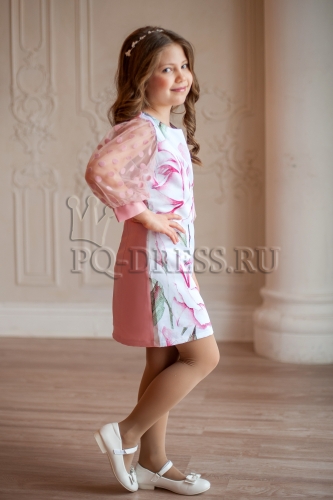 Платье арт. ИР-2010, принт "Роза", цвет пудра