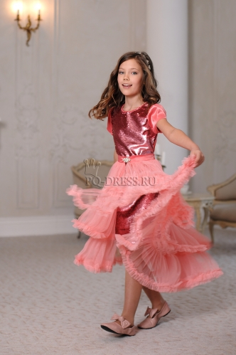 Платье со съемной юбкой арт.Ир-1705, цвет розовый персик/пайетки